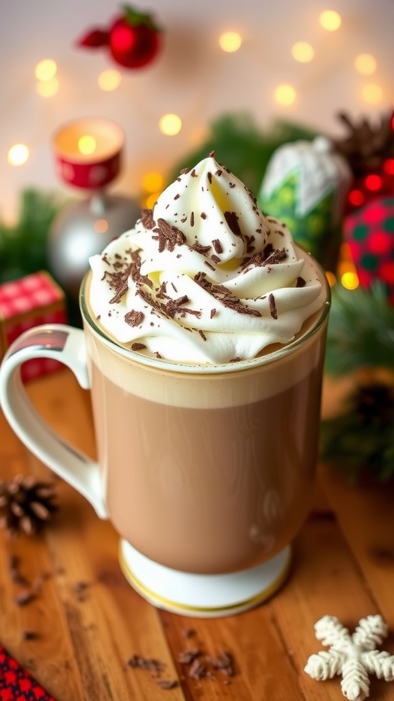 A cup of spiked hot chocolate with whipped cream and chocolate shavings on a rustic table with festive decorations.